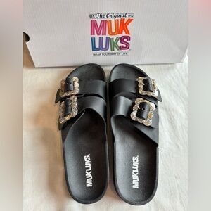 Muk Luks Black Slide Sandals • Double Buckle Slip-On • New • Muk Luks Sandals